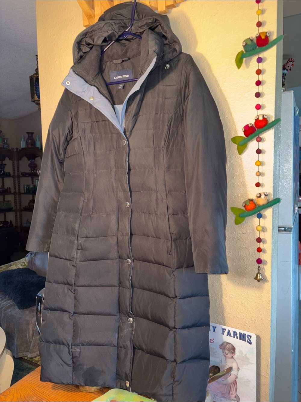 EUC Lands' End long down puffer coat in black featuring a hooded design and a sn